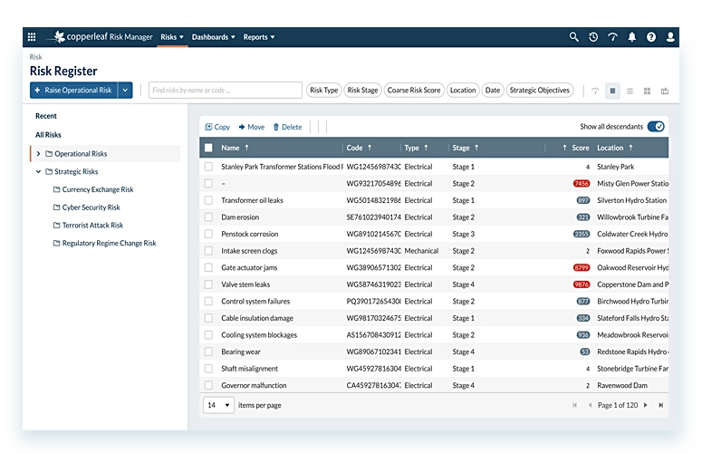 Screen shot of Copperleaf product Risk Register page in Risk Manager