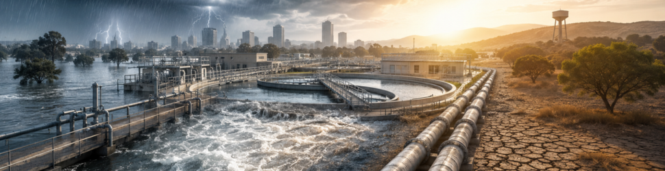Water utility infrastructure facing extreme climate conditions including flooding, drought, and storm activity