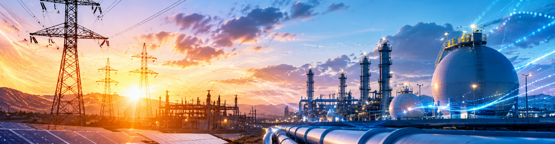 Electricity transmission lines and natural gas infrastructure representing utility capital planning, energy delivery, and regulatory investment management.