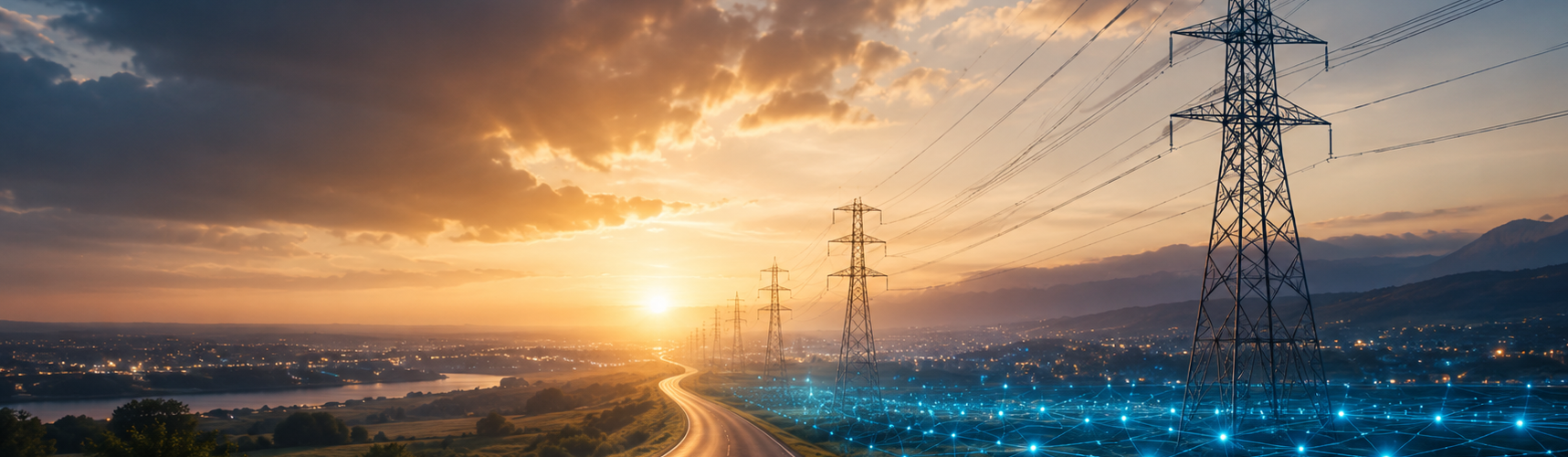 Utility transmission lines and digital network visualization representing regulatory impact on capital planning and investment decision-making.