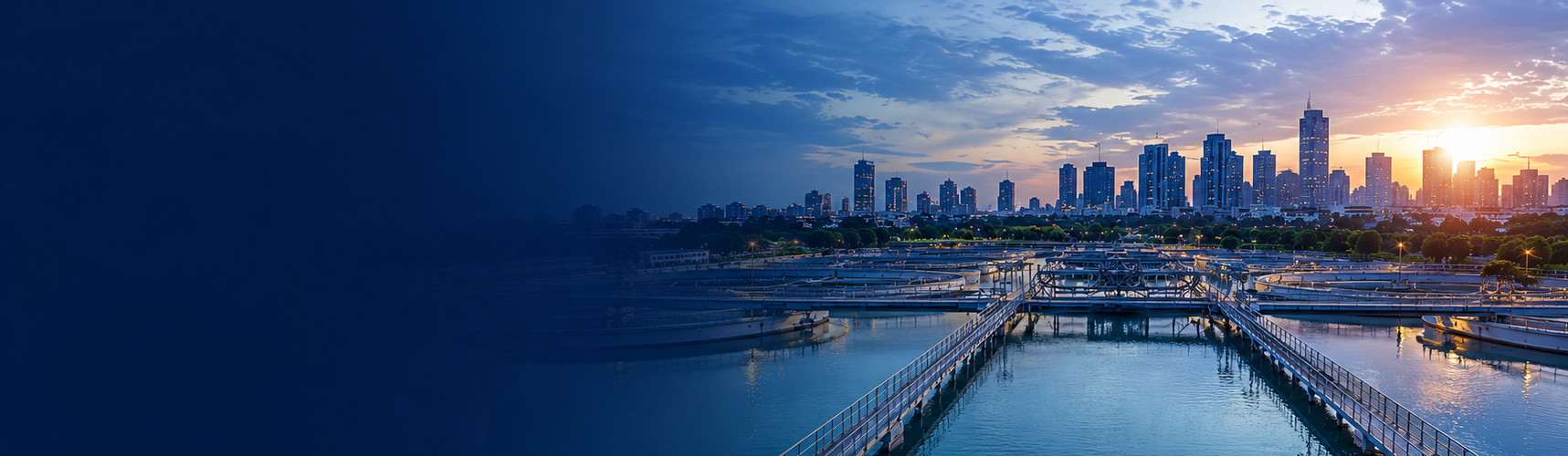 Modern water treatment facility with urban skyline at sunrise, representing digital water infrastructure and strategic investment planning.