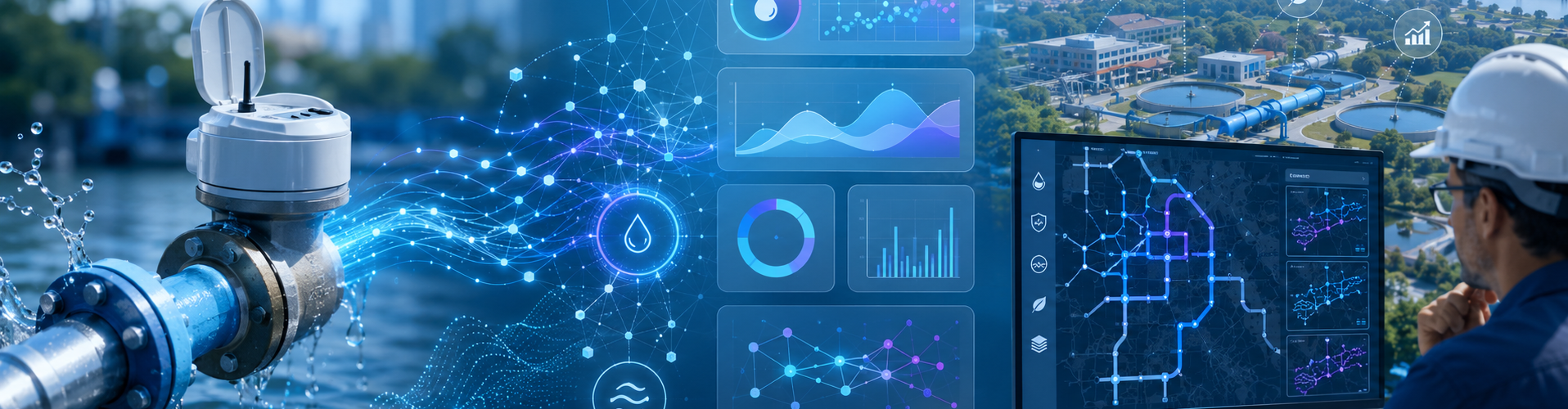 Smart water meter connected to digital analytics and water utility investment planning