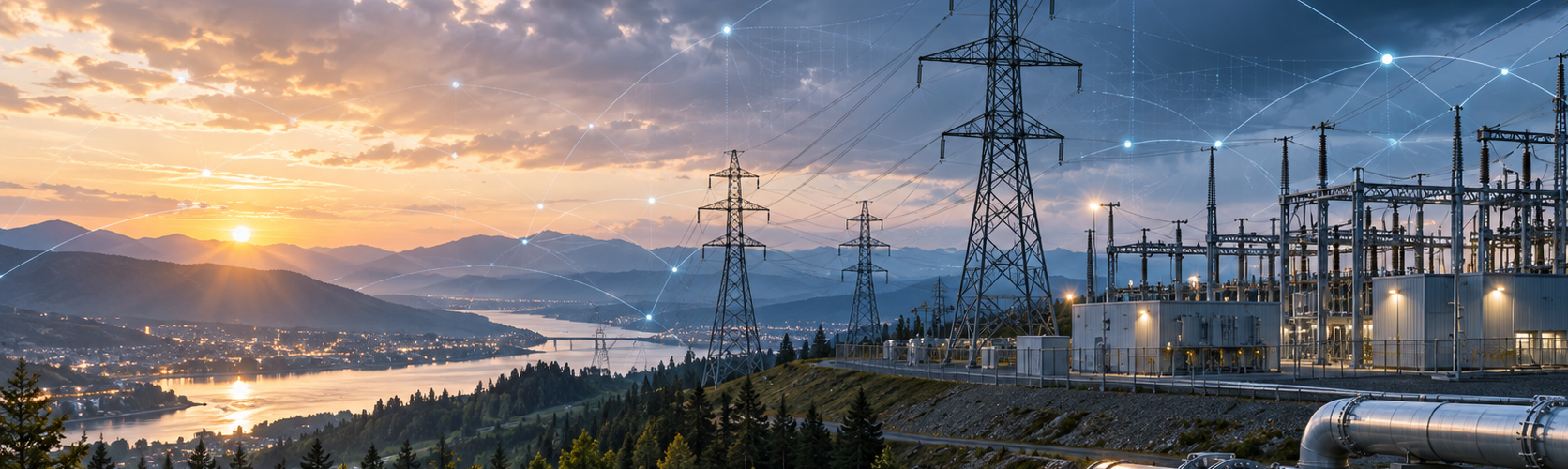 Electricity transmission towers, power grid infrastructure and gas pipelines representing grid resilience and smarter utility investment planning.